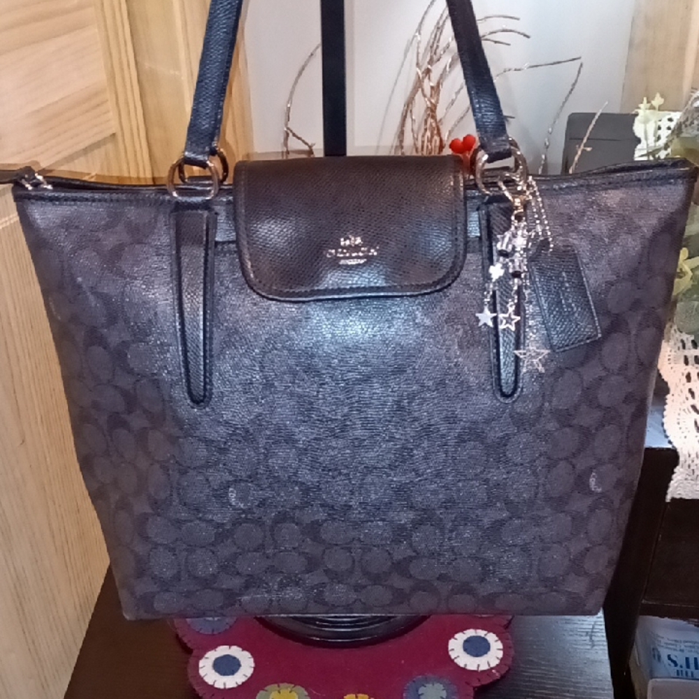 Grey Black Coach Gallery Tote Bag In Signature Canvas G1480
